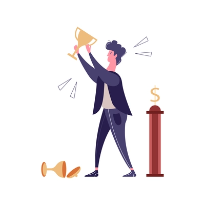 Winner businessmen flat composition with business person character with golden cup award vector illustration