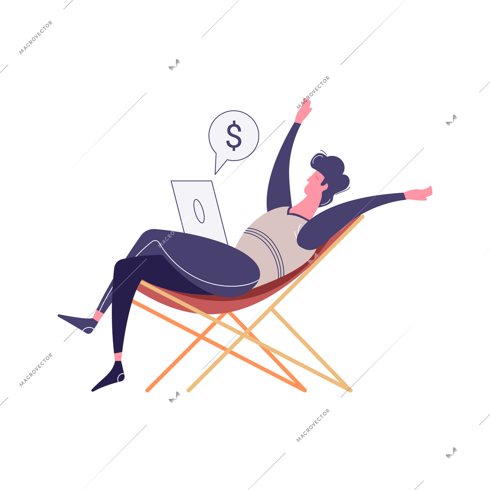 Winner businessmen flat composition with lounge chair and happy man with laptop and dollar sign vector illustration