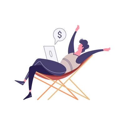 Winner businessmen flat composition with lounge chair and happy man with laptop and dollar sign vector illustration