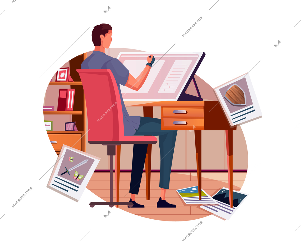 Book publishing flat composition with view of illustrators workspace with sheets and drawing easel vector illustration