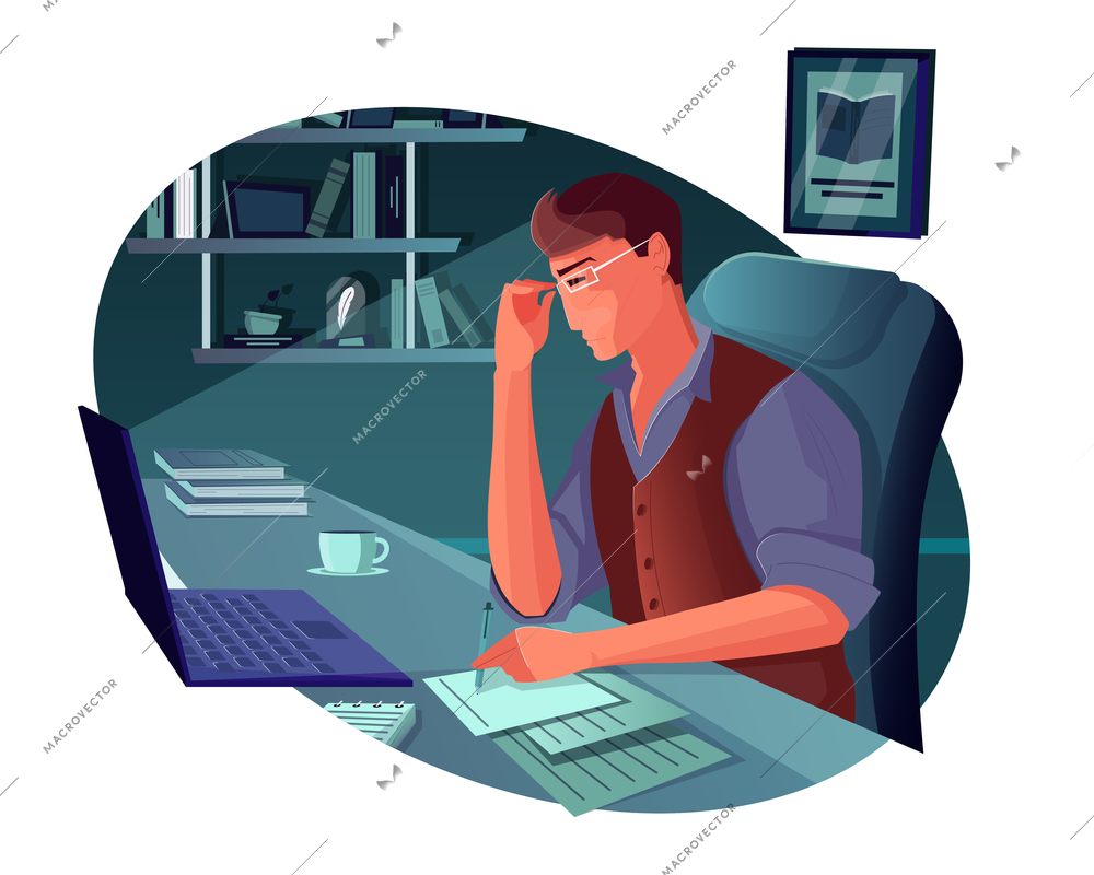 Book publishing flat composition with view of writers workspace with thinking character vector illustration