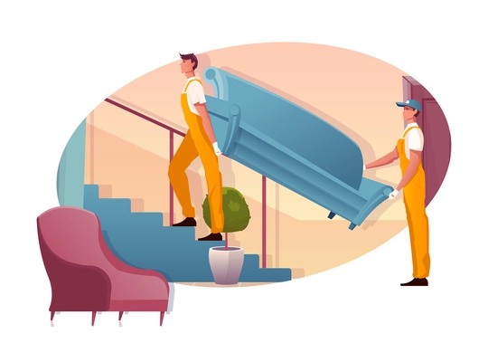 Furniture flat composition with two men walking up the ladder delivering sofa vector illustration