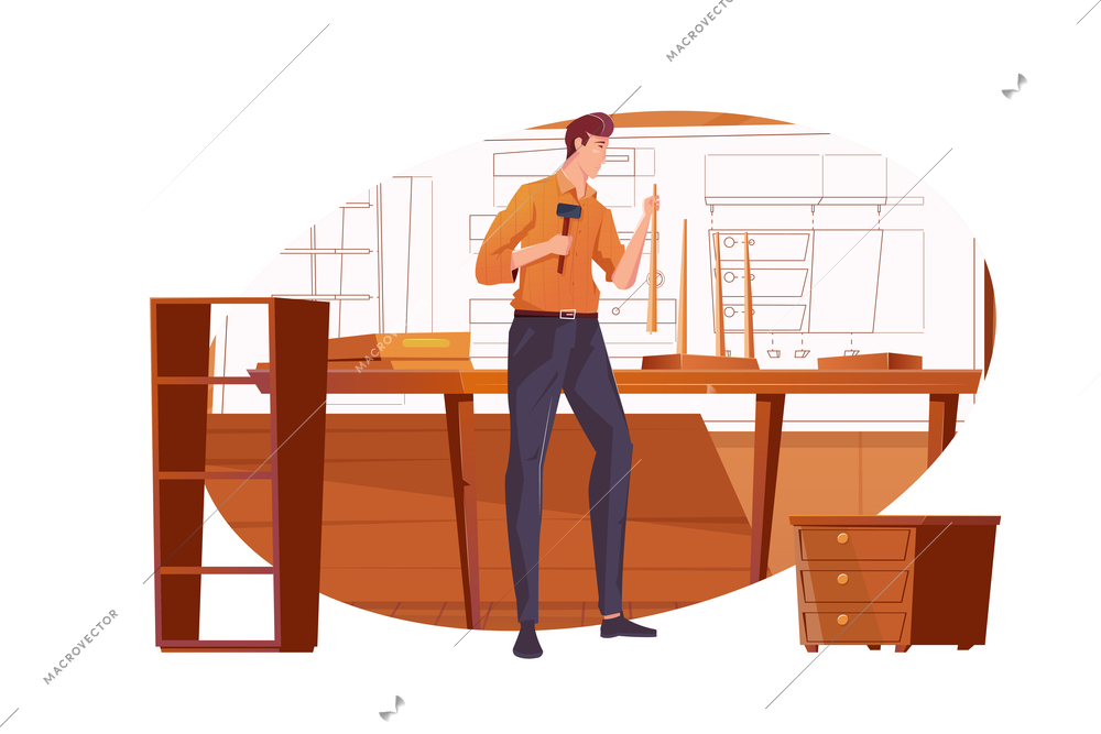 Furniture flat composition with view of carpenter furniture shop with tools and items vector illustration