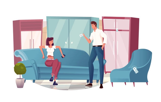 Furniture flat composition with living room home interior with couple of characters vector illustration