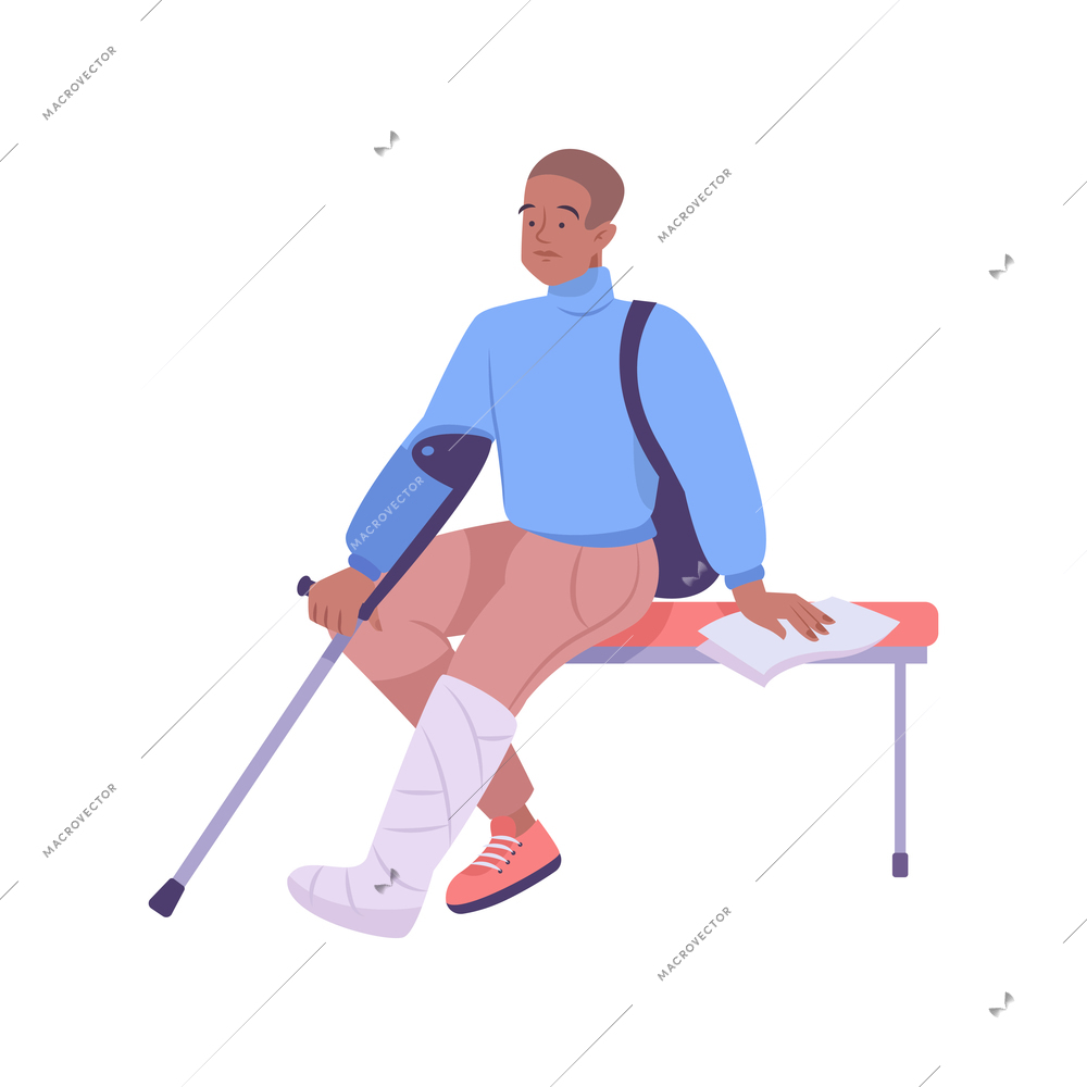 Fracture flat composition with human character of person with walking stick and leg in gypsum vector illustration