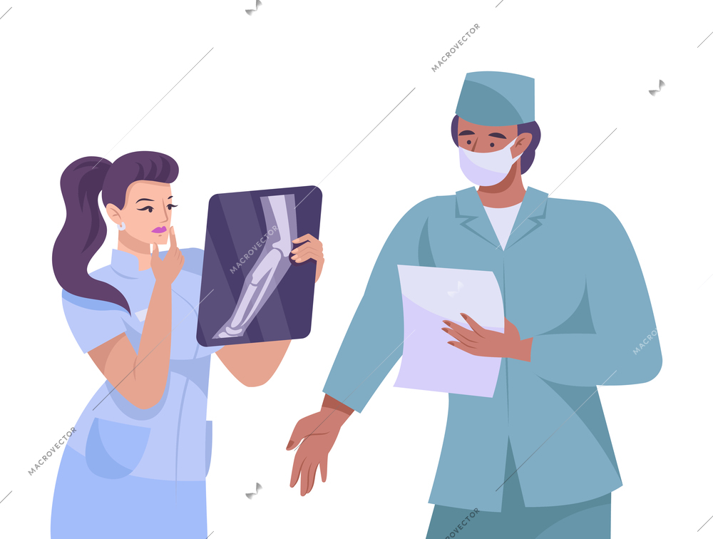 Fracture flat composition with characters of doctors looking at radiogram of leg bones vector illustration