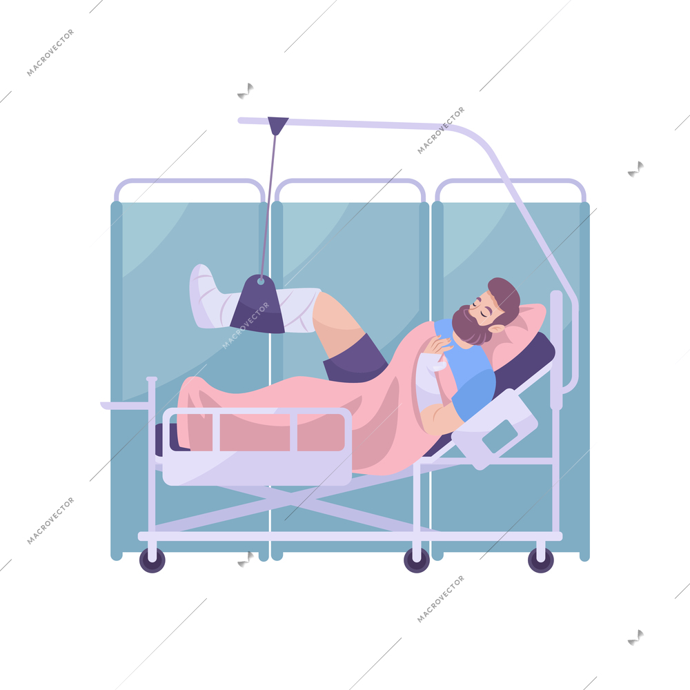 Fracture flat composition with character of man with broken leg lying on hospital bed vector illustration
