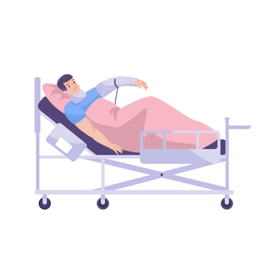 Fracture flat composition with hospital bed and lying patient with broken hand vector illustration