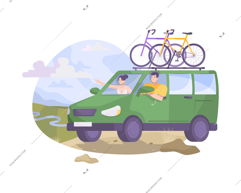 Dairy products production composition with flat scenery and minivan with bicycles on roof vector illustration