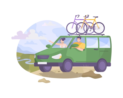 Dairy products production composition with flat scenery and minivan with bicycles on roof vector illustration