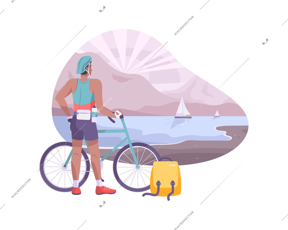 Dairy products production composition with flat landscape of sea coast and human character with bicycle vector illustration