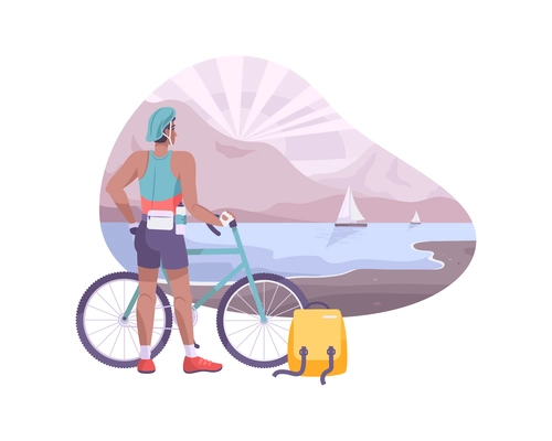 Dairy products production composition with flat landscape of sea coast and human character with bicycle vector illustration