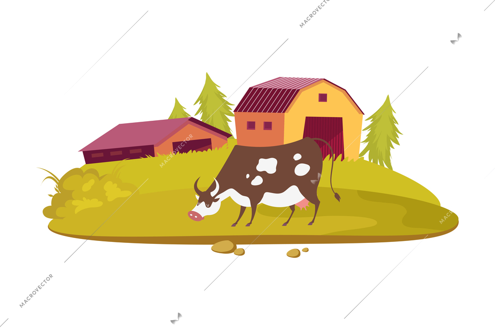 Dairy products production composition with flat scenery of farm with buildings and grazing cow vector illustration