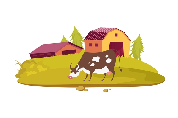 Dairy products production composition with flat scenery of farm with buildings and grazing cow vector illustration