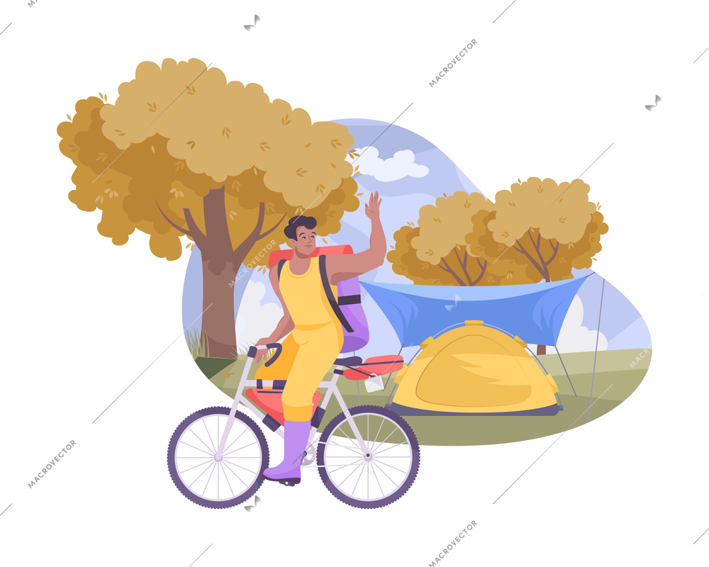 Flat bike tourism composition with man riding bicycle and autumn landscape with trees vector illustration
