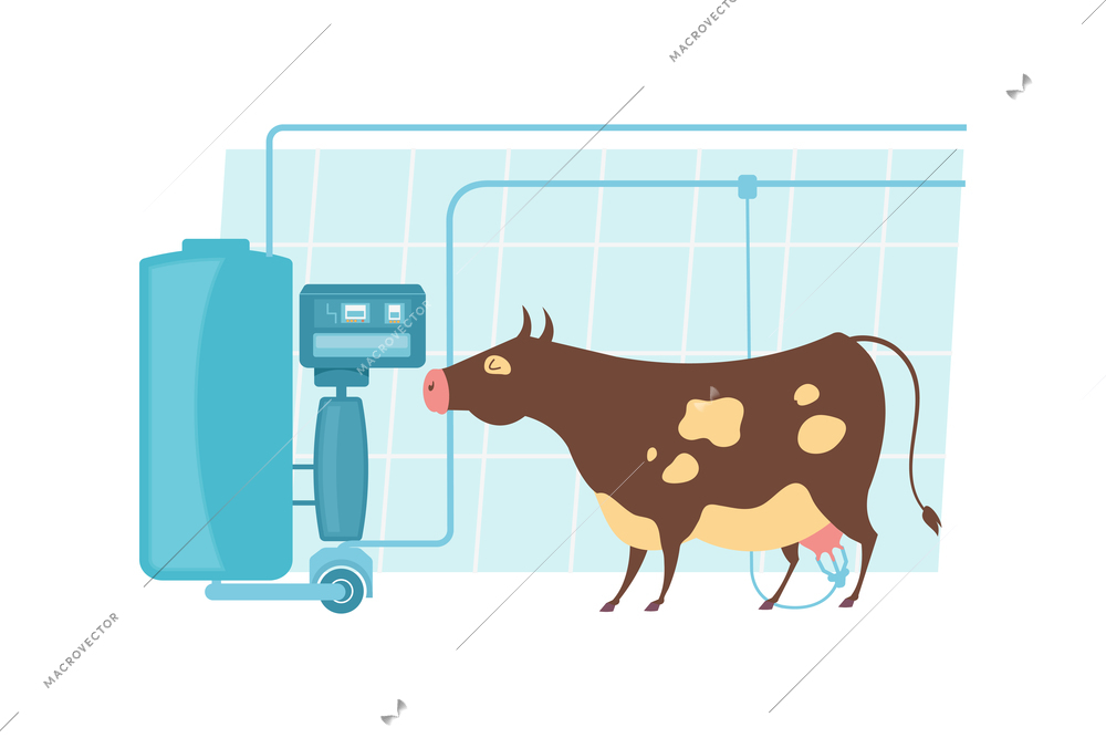 Dairy products production composition with flat images of cow near cistern with electronic control vector illustration