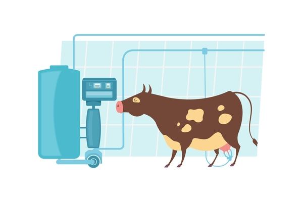 Dairy products production composition with flat images of cow near cistern with electronic control vector illustration