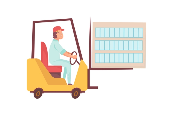 Dairy products production composition with flat character of worker driving forklift with bottles vector illustration