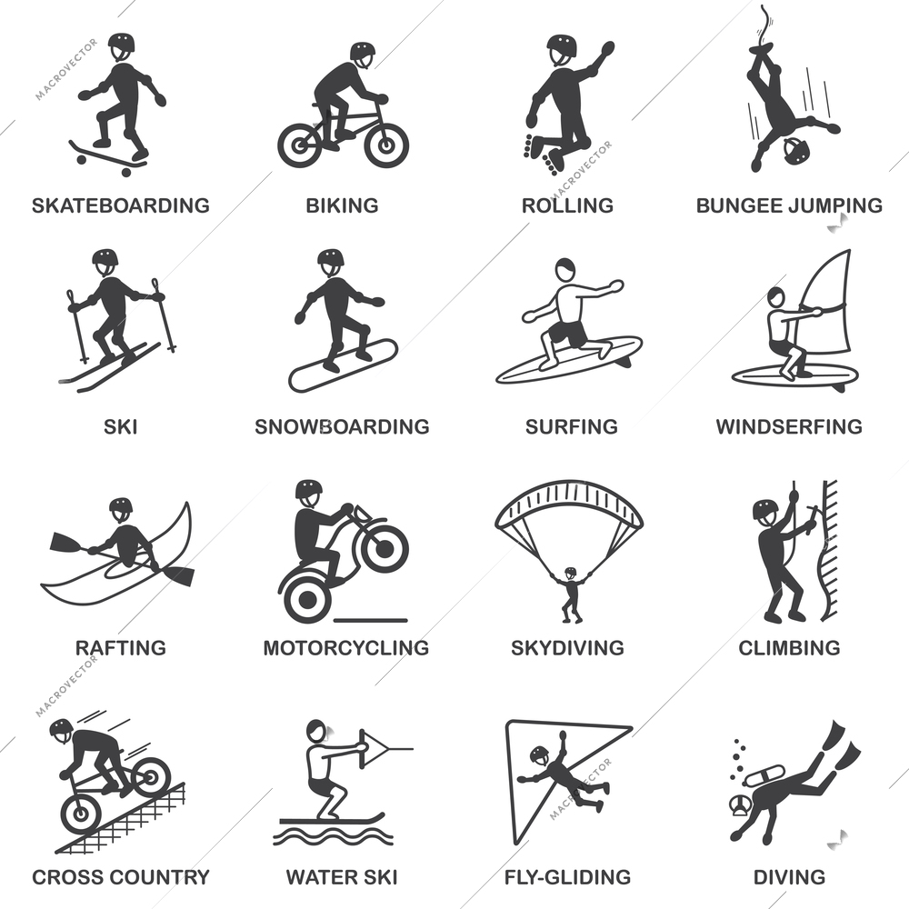 Vacation travel extreme sports icons set of skateboard snowboard skydiving and bungee jumping vector illustration