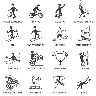 Vacation travel extreme sports icons set of skateboard snowboard skydiving and bungee jumping vector illustration