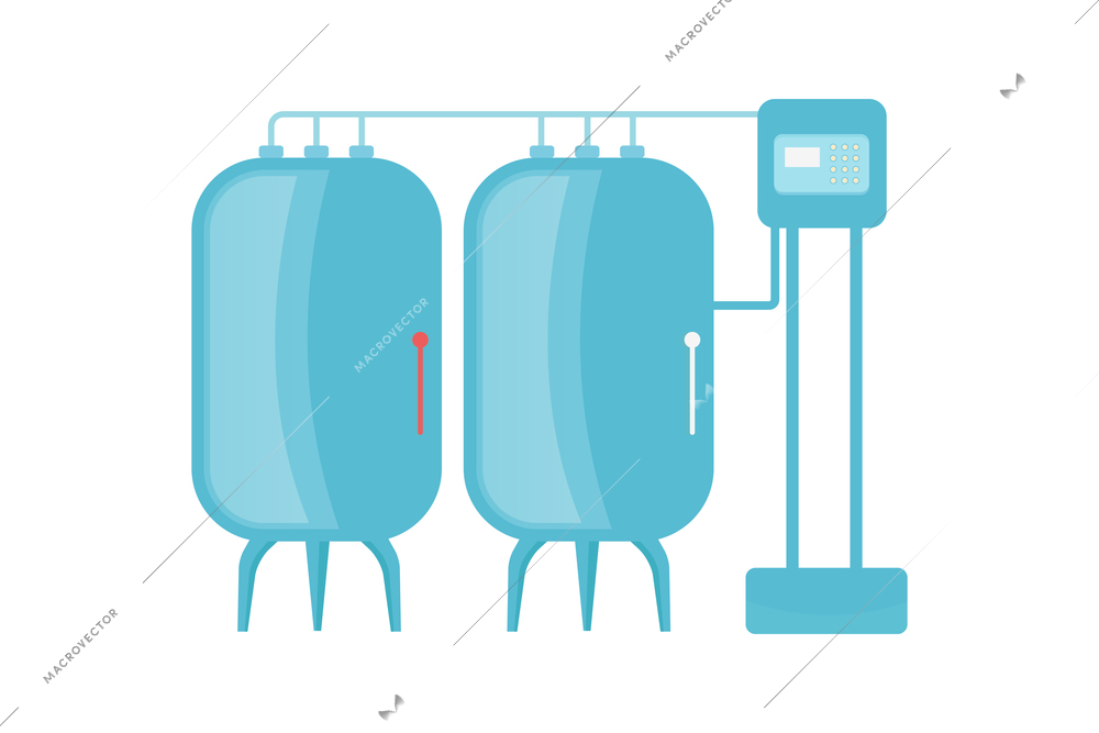 Dairy products production composition with flat images of cistern jars connected with tubes vector illustration
