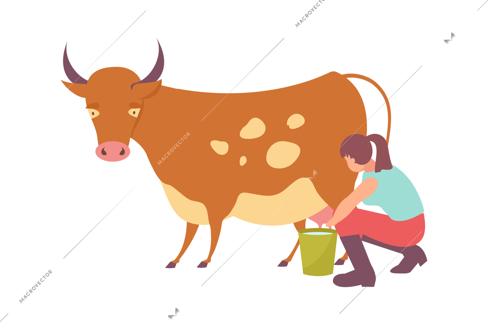 Dairy products production composition with flat view of female worker milking cow vector illustration