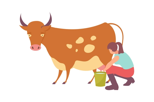 Dairy products production composition with flat view of female worker milking cow vector illustration