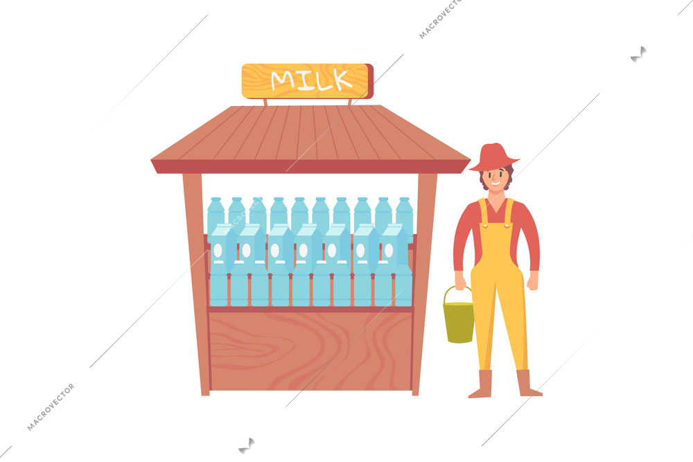 Dairy products production composition with flat view of market stall with farmer and milk bottles vector illustration