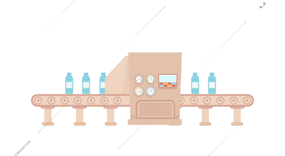 Dairy products production composition with flat image of conveyor with bottles of milk vector illustration