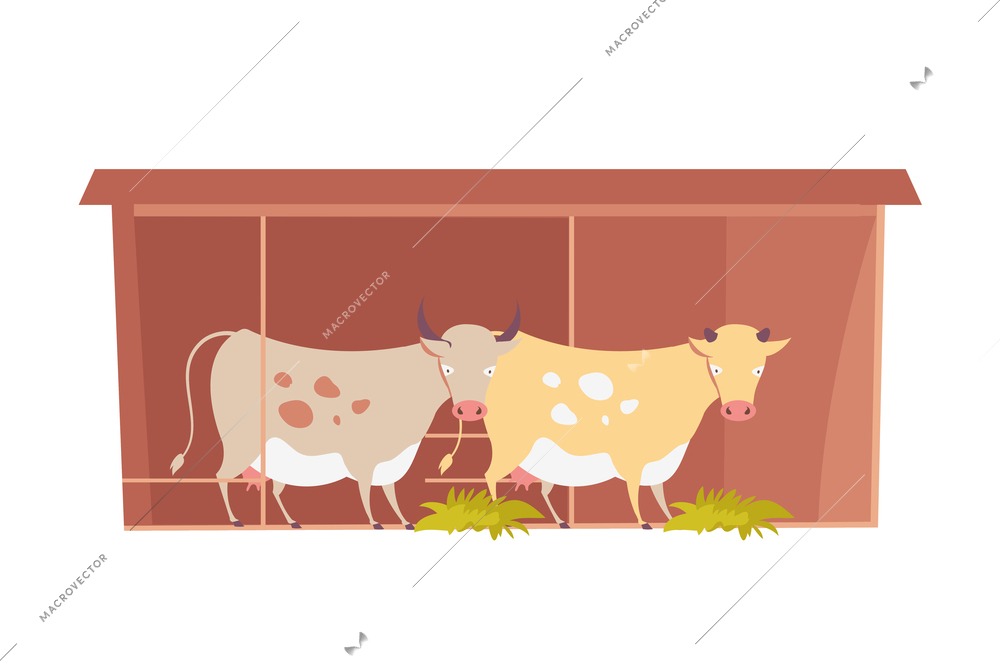 Dairy products production composition with flat characters of cows near shelter enclosure vector illustration