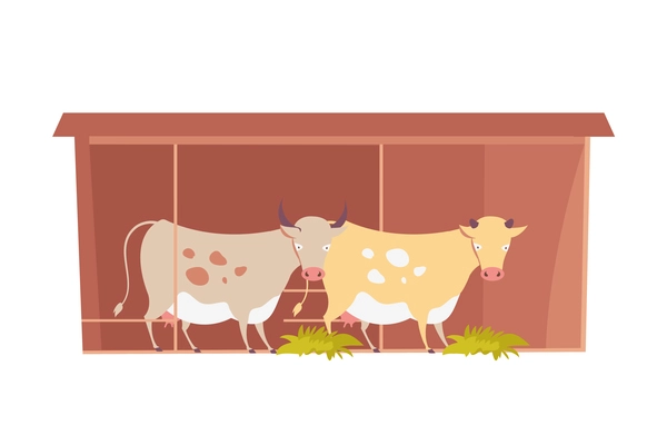 Dairy products production composition with flat characters of cows near shelter enclosure vector illustration