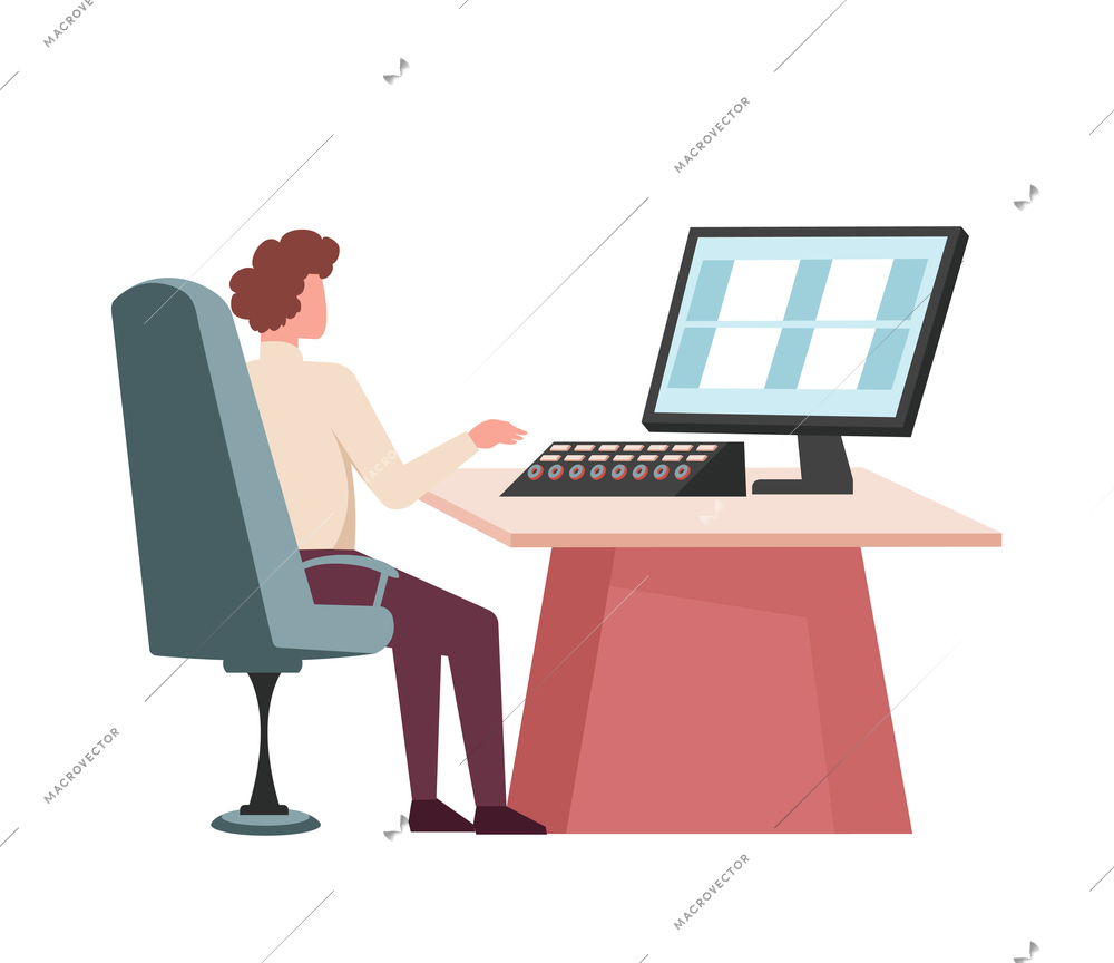 House security system flat composition with view of host at computer with surveillance control software vector illustration