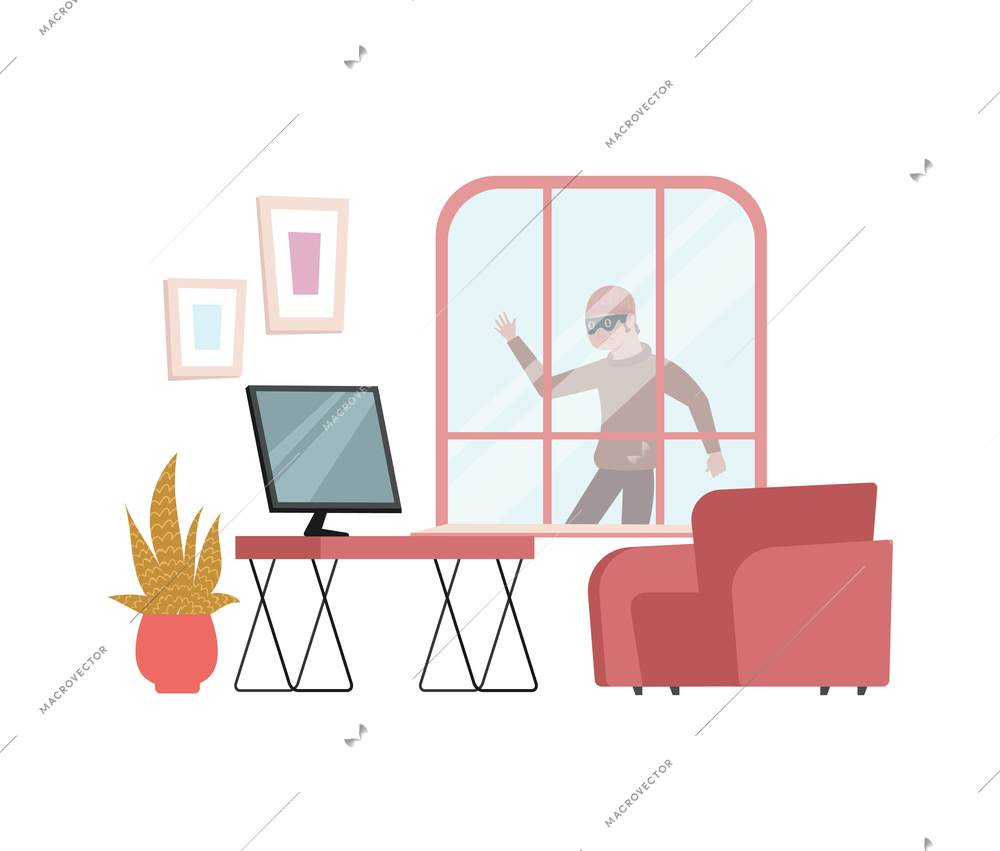House security system flat composition with inside view of living room with robber behind window vector illustration