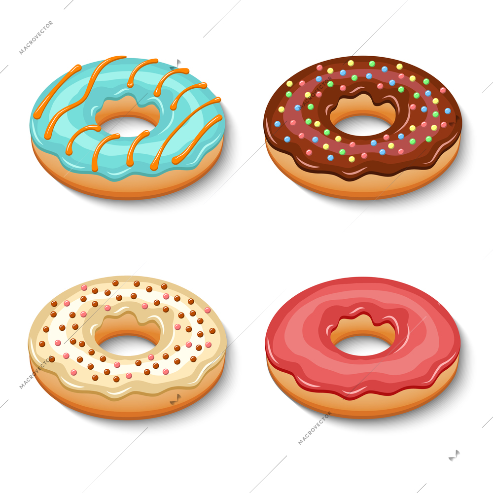 Sweets glazy chocolate creamy donut dessert set isolated vector illustration