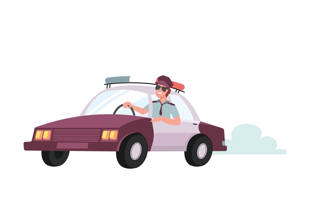 House security system flat composition with car driven by home guard officer vector illustration