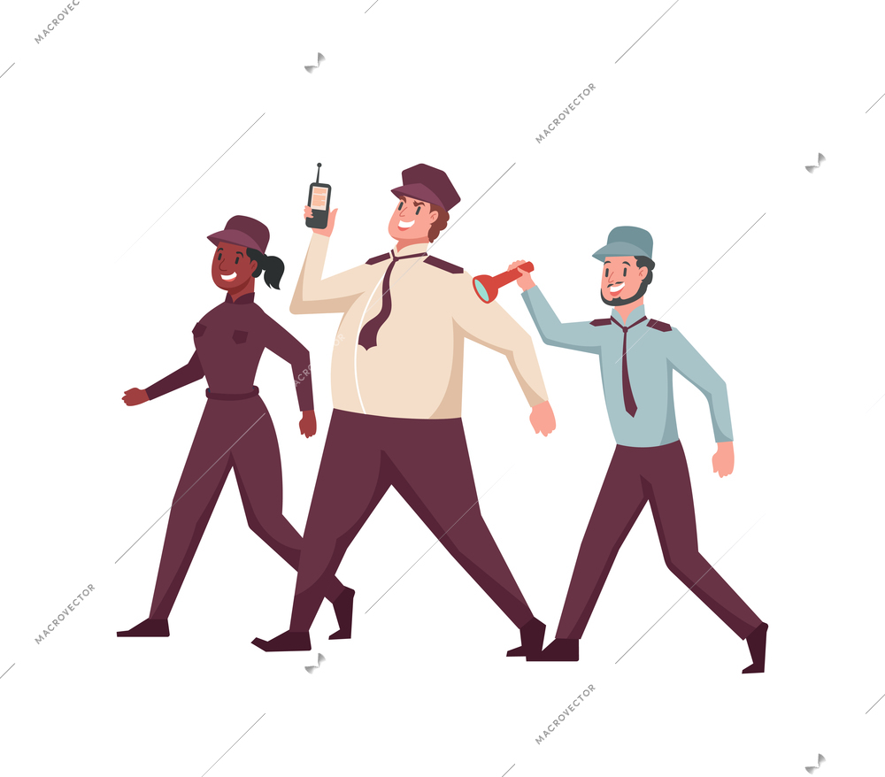 House security system flat composition with group of walking guards in uniform vector illustration