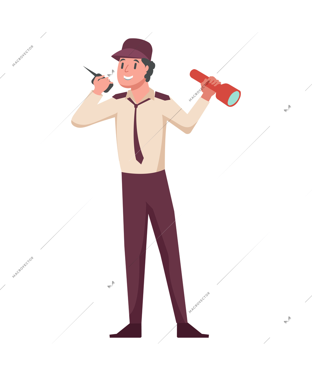 House security system flat composition with character of guard in uniform with flashlight and radio vector illustration