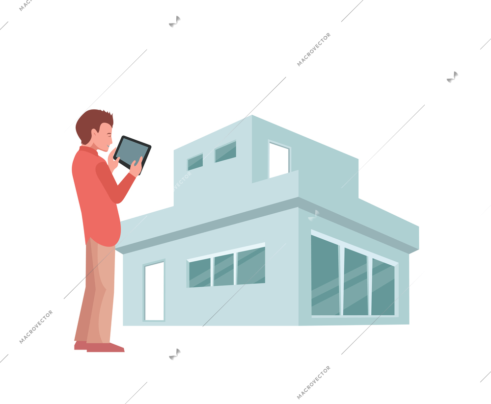 House security system flat composition with private villa building and host holding tablet vector illustration