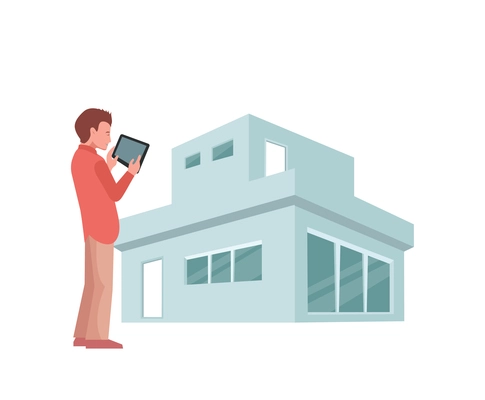 House security system flat composition with private villa building and host holding tablet vector illustration