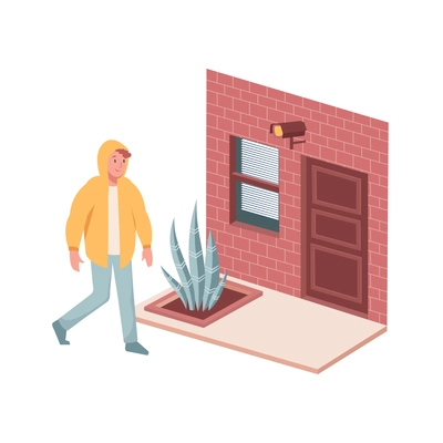 House security system flat composition with view of house entrance with stranger and camera vector illustration