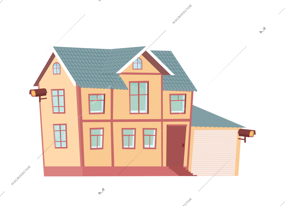 House security system flat composition with view of private house with garage and surveillance cameras vector illustration