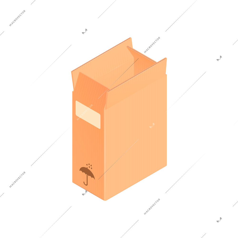 Isometric cardboard box composition with isolated image of tall opened box vector illustration