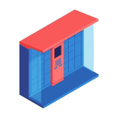 Isometric post terminal composition with view of public automated parcel locker inside pavilion vector illustration