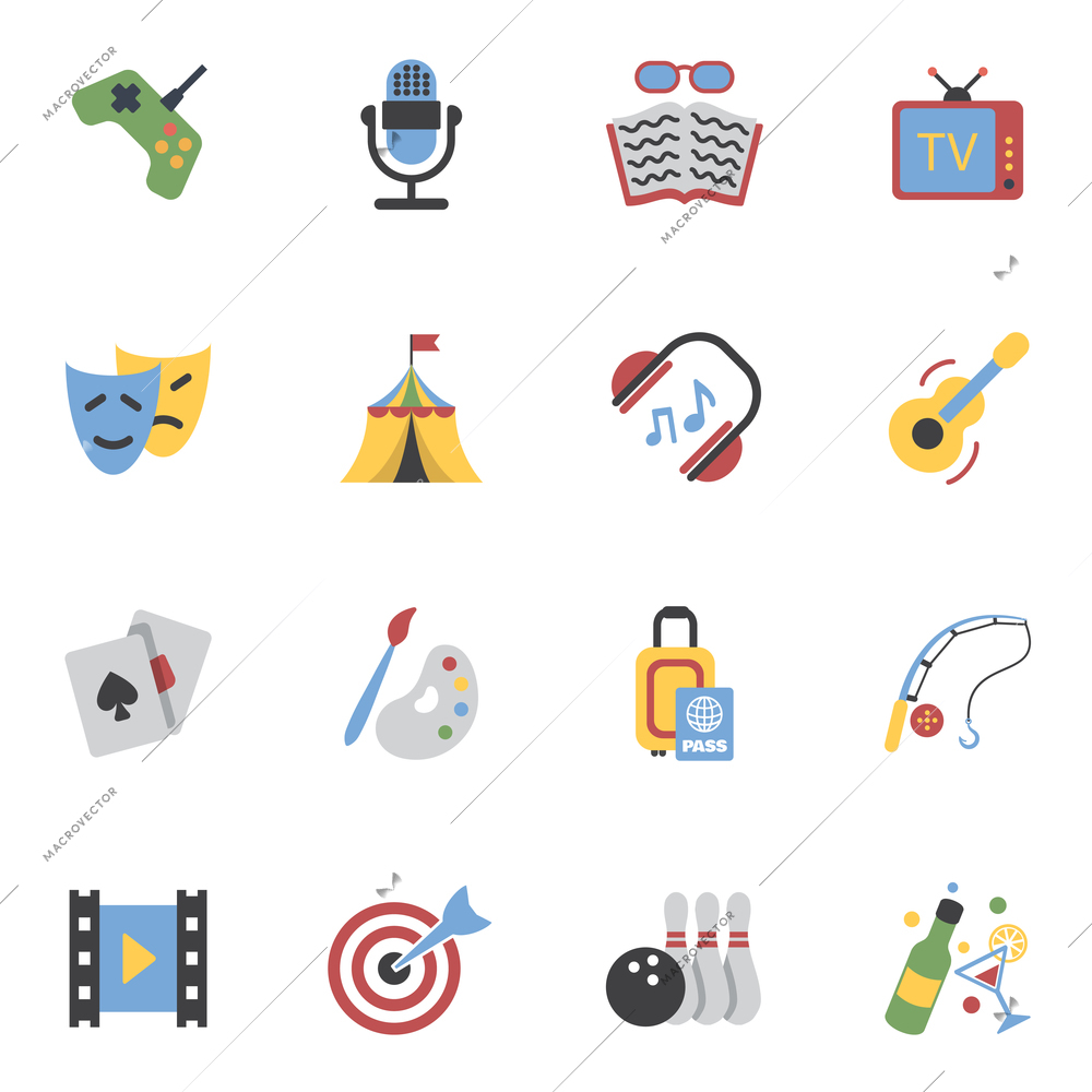 Entertainment and amusement events flat icons set isolated vector illustration