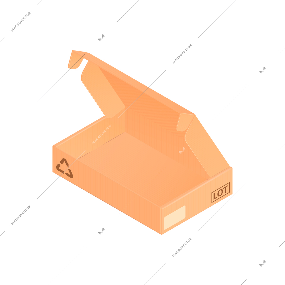 Isometric cardboard box composition with opened carton box of slim shape vector illustration