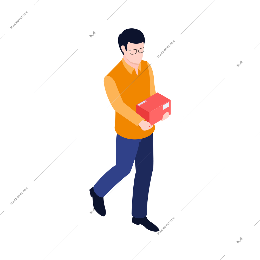 Isometric post composition with male human character holding red parcel box vector illustration