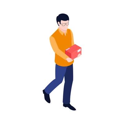 Isometric post composition with male human character holding red parcel box vector illustration