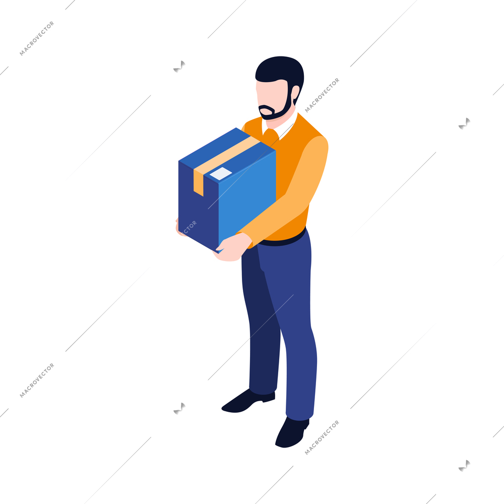 Isometric post composition with character of man holding parcel box vector illustration