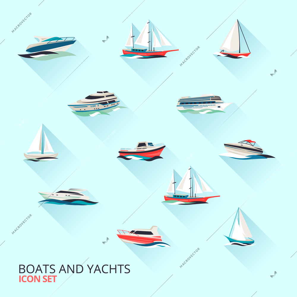 Water jet speed motor boats and yacht navigation sport template flat shadow pictograms set vector isolated illustration