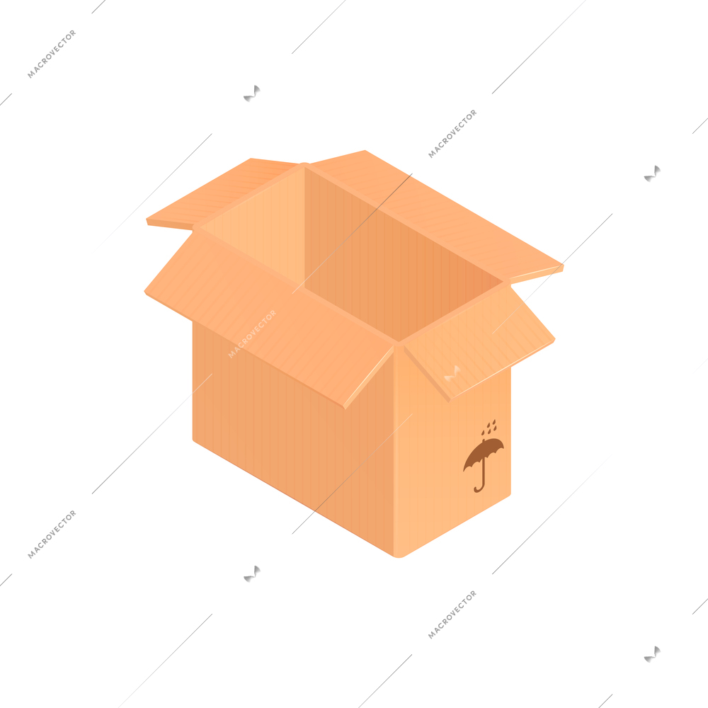 Isometric cardboard box composition with isolated image of open box container vector illustration